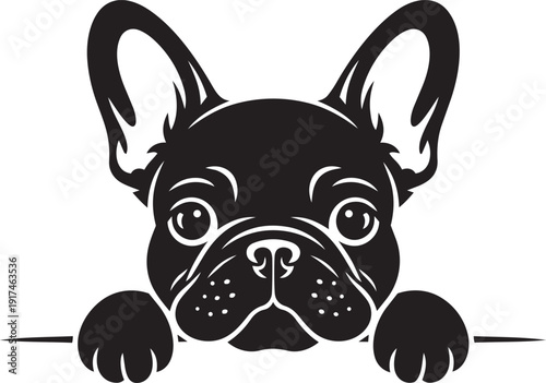 Adorable French Bulldog in pure black silhouette style, peeking over a horizontal bar with its front paws silhouette black vector