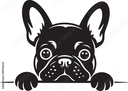 Adorable French Bulldog in pure black silhouette style, peeking over a horizontal bar with its front paws silhouette black vector