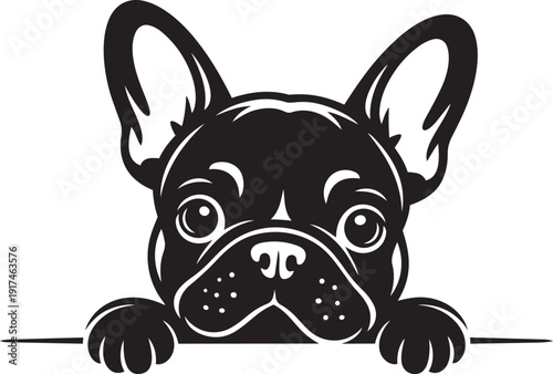 Adorable French Bulldog in pure black silhouette style, peeking over a horizontal bar with its front paws silhouette black vector