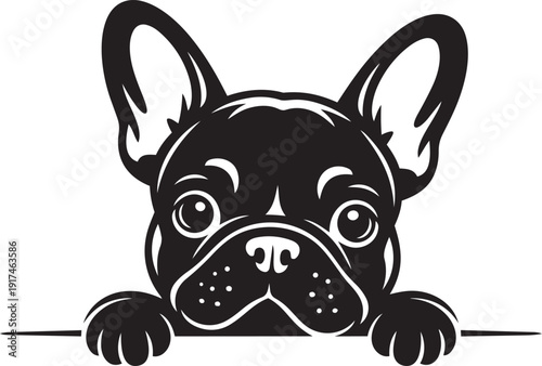 Adorable French Bulldog in pure black silhouette style, peeking over a horizontal bar with its front paws silhouette black vector