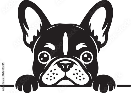 Adorable French Bulldog in pure black silhouette style, peeking over a horizontal bar with its front paws silhouette black vector