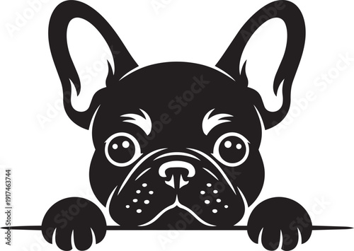 Adorable French Bulldog in pure black silhouette style, peeking over a horizontal bar with its front paws silhouette black vector