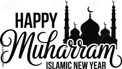 Happy Muharram Islamic New Year greeting card with mosque silhouette and crescent moon  Muslim holiday celebration