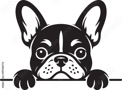 Adorable French Bulldog in pure black silhouette style, peeking over a horizontal bar with its front paws silhouette black vector