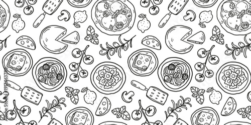 Hand drawn italian food seamless pattern . Whimsical food and drink doodles. Hand drawn vector illustration for menu, packaging design. Italian cuisine. Simple sketch style. Minimalist line art