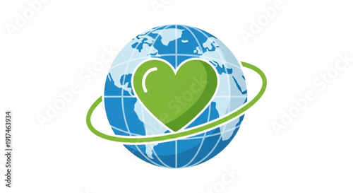 Green heart symbol on a blue globe with a green ring representing love and care for the earth and environment