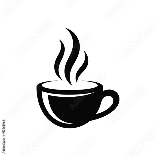 A simple black and white illustration of a steaming cup of coffee