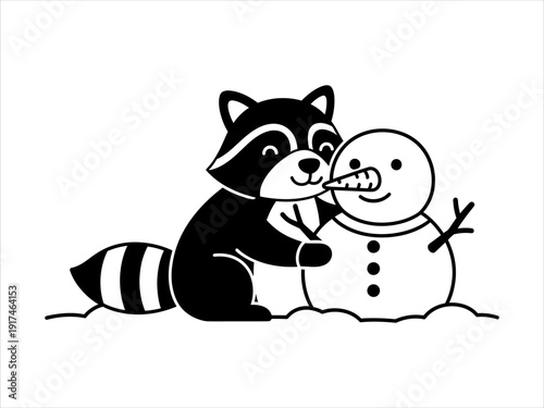 Charming Raccoon Decorating a Cheerful Snowman in Winter Wonderland