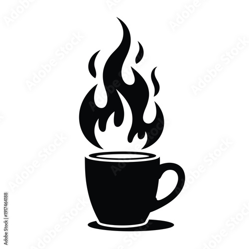 Stylized black and white image of a coffee cup with flames rising