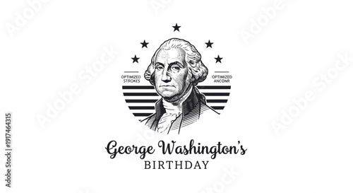 Black and white illustration of George Washington's portrait with American flag and stars, celebrating his birthday and presidency on a clean white background.