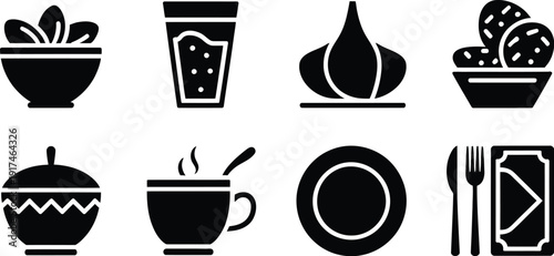 Black silhouettes of Halal food icons featuring bowls of dates tea cups water glasses and plates representing Islamic dining traditions.
