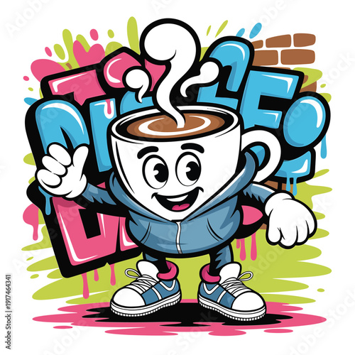 Cartoon coffee cup character with a cheerful expression and urban style