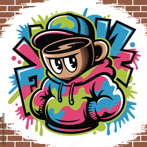 Cartoon coffee cup character with hoodie and baseball cap urban style