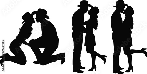 Cowboy couple silhouette, romantic kiss, western love, country romance, cowboy hat figures, black vector, affectionate pose, couple illustration, rustic theme