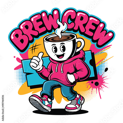 Cartoon coffee cup character with brew crew text and vibrant design