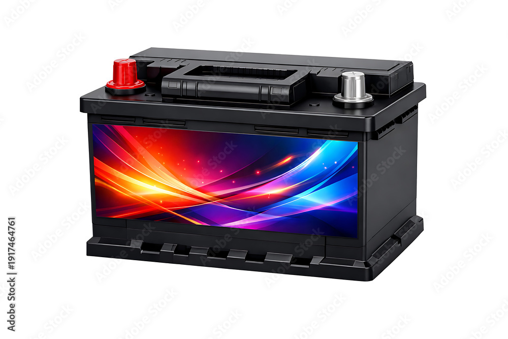 Fototapeta premium Modern Black Car Battery with Colorful Energy Graphic Label – Automotive Power Storage and 12V Accumulator Concept