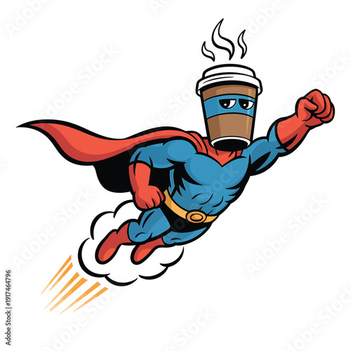 Superhero coffee cup flies through the air with a red cape