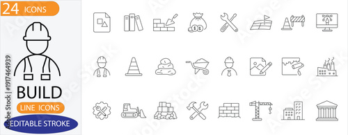 Construction and Industrial Engineering Line Icons - Editable Stroke