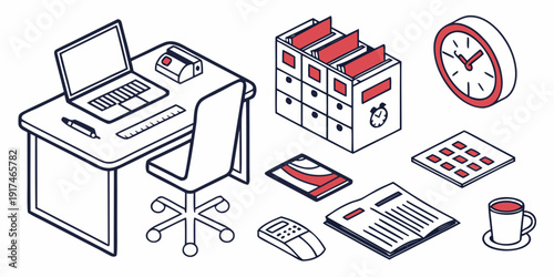 Illustration of an office desk with various items and tools