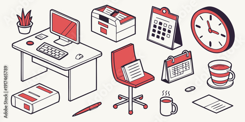 A busy office desk with various items and tools for productivity and time management.
