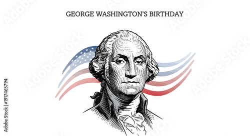 Illustration of George Washington's portrait with American flag waves on a white background, celebrating his birthday and presidency.