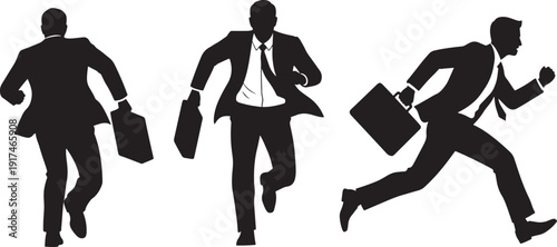 Running Businessmen Silhouette Set with Briefcases – Corporate Hurry and Deadline Concept Vector Illustration