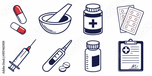 A collection of medical icons representing various aspects of healthcare and medication.