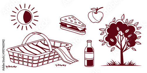 A delightful picnic setup with a variety of food and drinks under a sunny sky