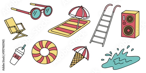 A colorful assortment of toys and objects including a train, slide, and more.