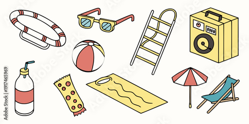 Assorted summer items including a soda can, sunglasses, and a beach umbrella.