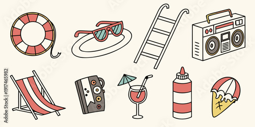 Assorted beach items including a life preserver, surfboard, and various accessories