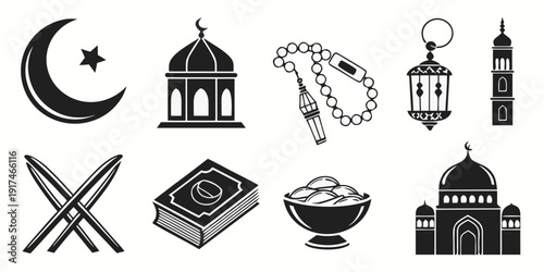A collection of religious symbols representing islamic culture and traditions.