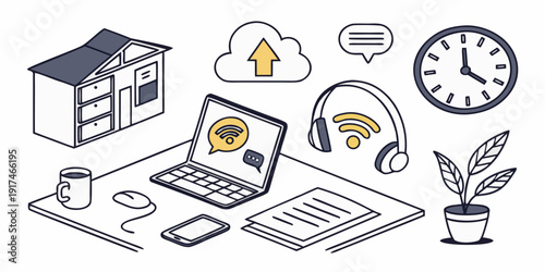 Illustration of a modern workspace with various devices and tools.