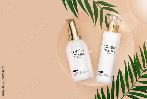 3D Realistic sun Protection Cream Bottle on beige Background with palm leaves and podium. Design Template of Fashion Cosmetics Product. Vector Illustration