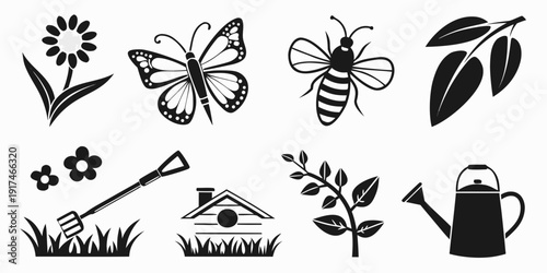 A collection of black and white illustrations of gardening tools, plants, and insects