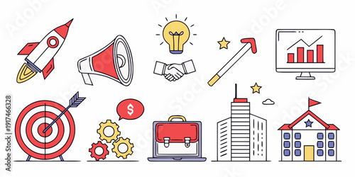 Diverse icons representing various aspects of business and marketing strategies