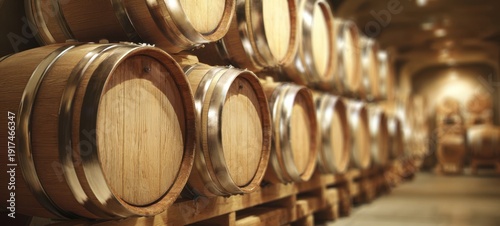 The barrels of aged oak wine stacked in a dimly lit cellar