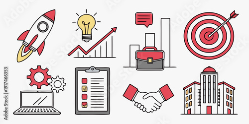 Diverse icons representing various aspects of business and technology.