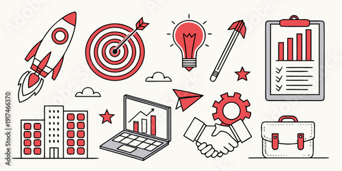 Creative business icons representing various aspects of corporate success and innovation