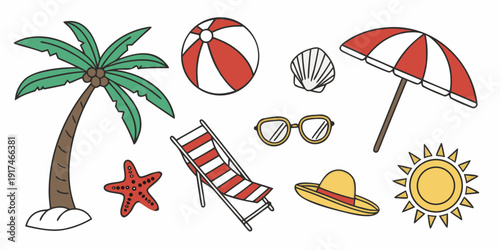 Assorted beach items including a palm tree, starfish, and beach ball