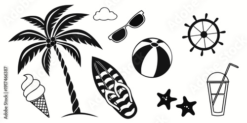 A vibrant beach scene with palm trees, beach balls, and sun symbols.