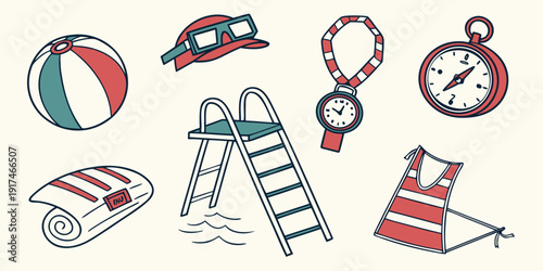 Assorted outdoor and travel equipment including a compass, tent, and more.