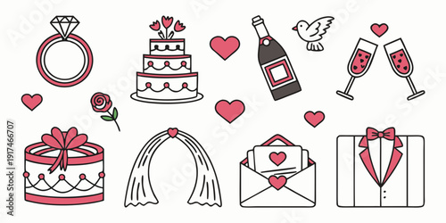 A collection of romantic and wedding-themed icons and symbols.