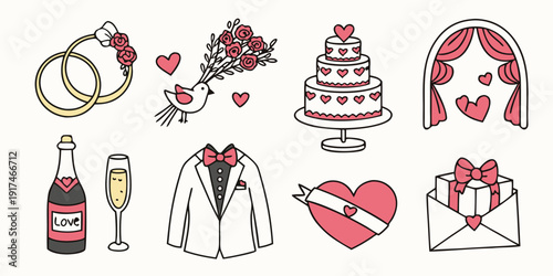 A delightful assortment of wedding-themed illustrations featuring cakes, rings, and more.