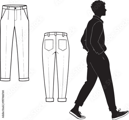 Black silhouette of a man walking next to a flat lay drawing of trousers black and white