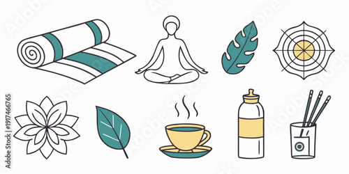 Illustrations of various wellness and relaxation activities and items