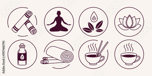 Eight different icons representing various aspects of yoga and meditation practices.
