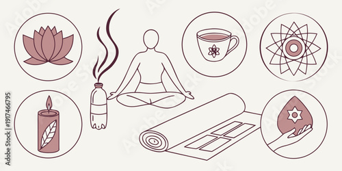 Illustrations of various yoga poses and practices for relaxation and meditation.