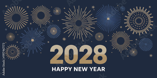 Happy New Year 2028 celebration with gold and blue fireworks on dark background