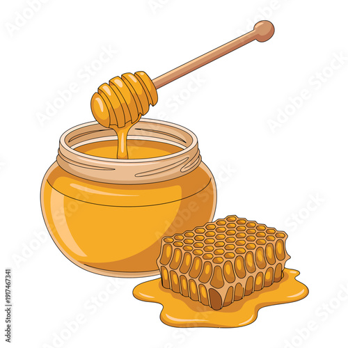 Honey jar with honeycomb and dipper on white background